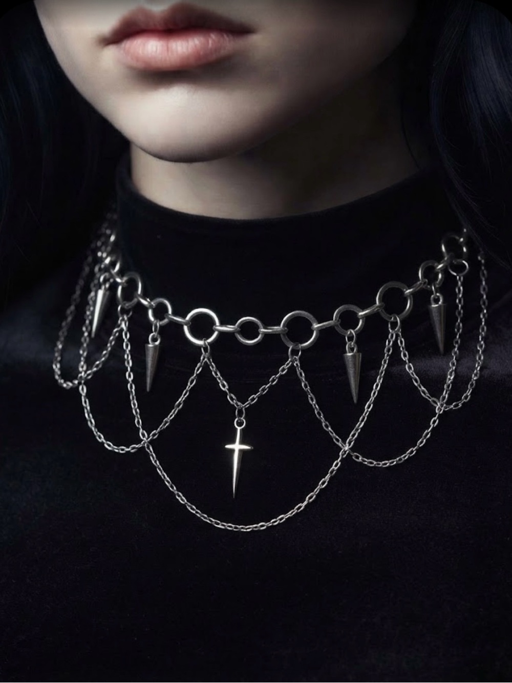 Hand Crafted Multi-Layer Spike & Cross Choker Necklace
